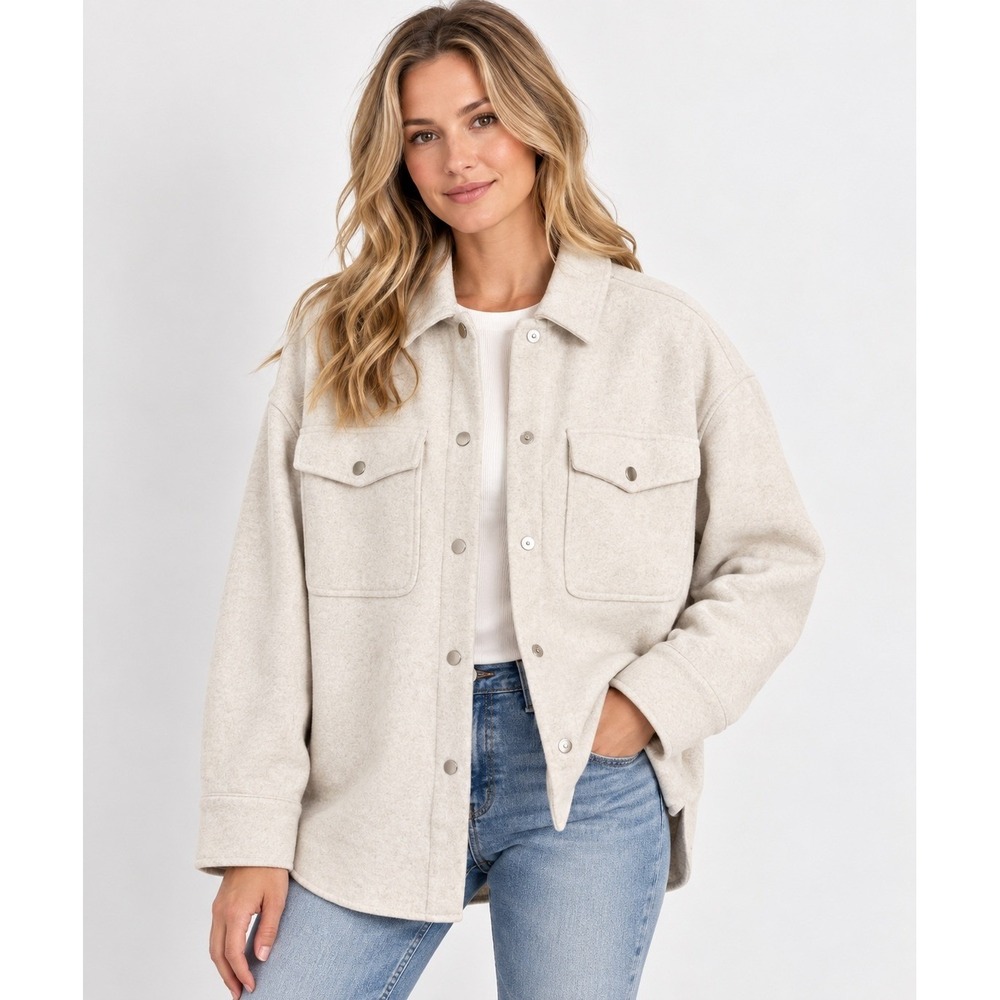 Zara Womens Oversized Shacket Shirt Jacket Oatmeal Heather Snap Front Size M